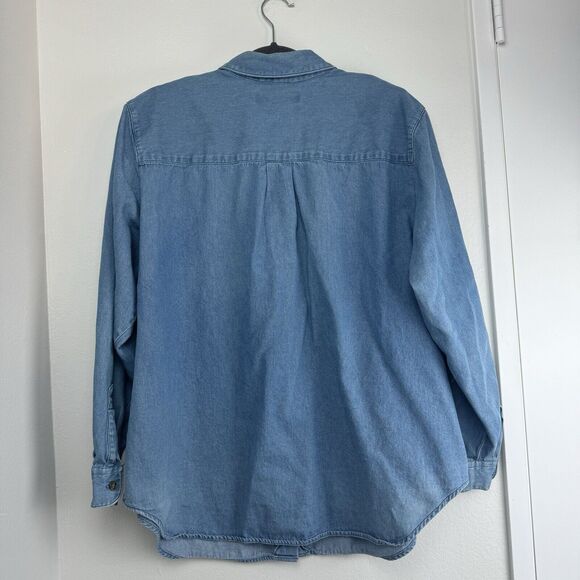 Karen Scott Shirt Womens Denim Christmas Embroidered Santa Button Up Plus Sz 1X - Picture 2 of 16